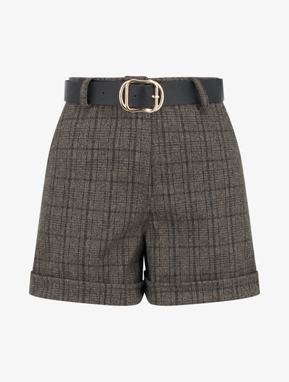 Short à revers imprimé tartan - Noir - 1