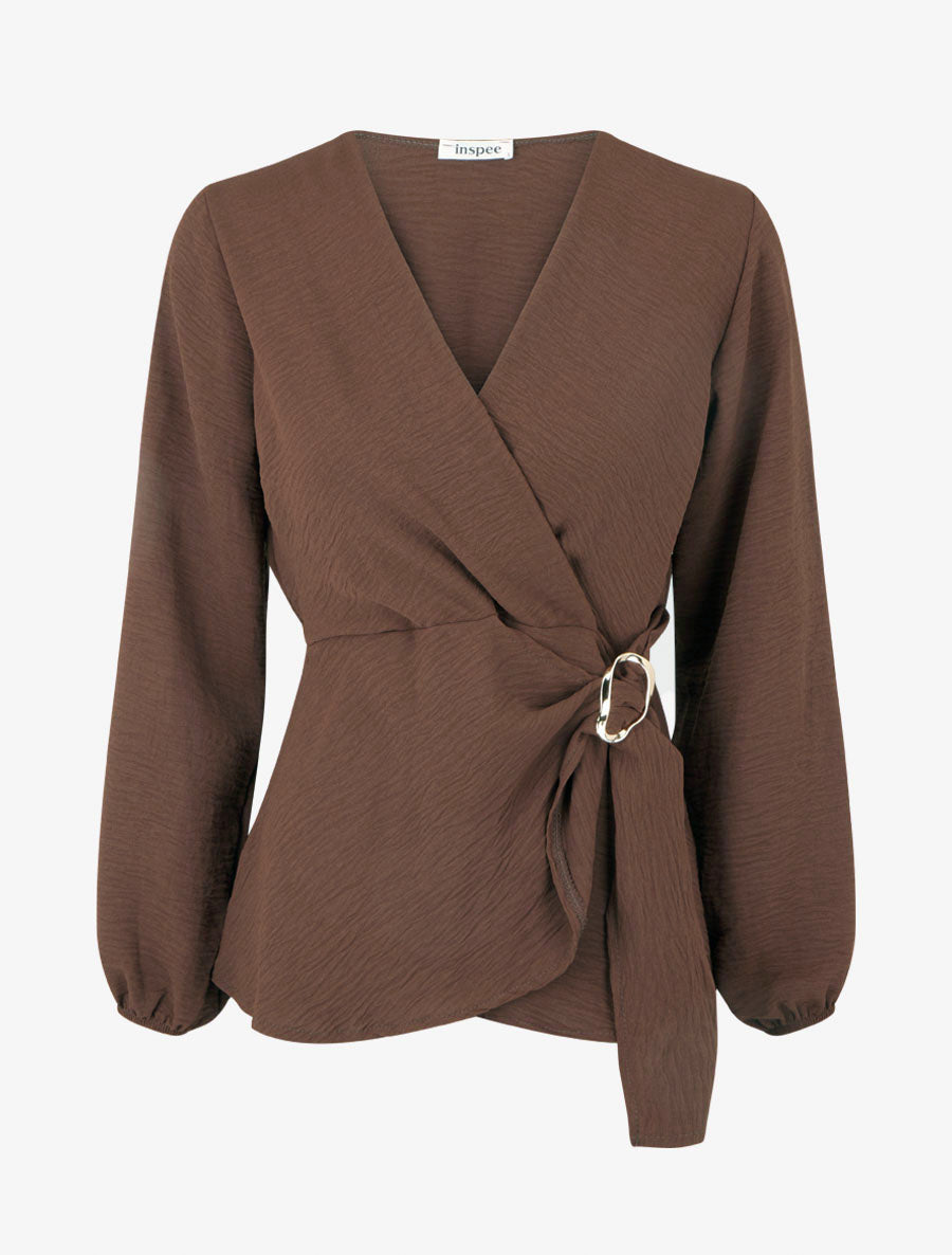 Effen overslagblouse met cache-coeur kraag. - Bruin