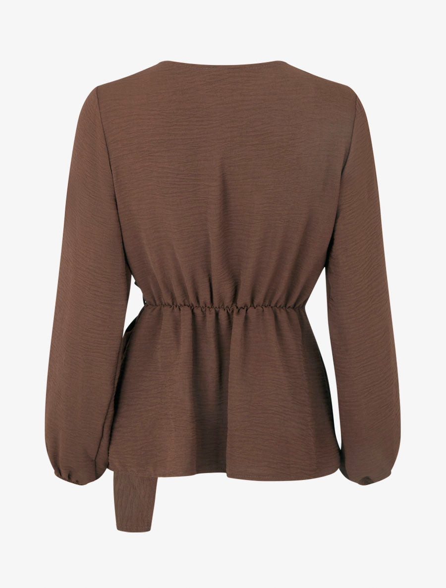 Effen overslagblouse met cache-coeur kraag. - Bruin