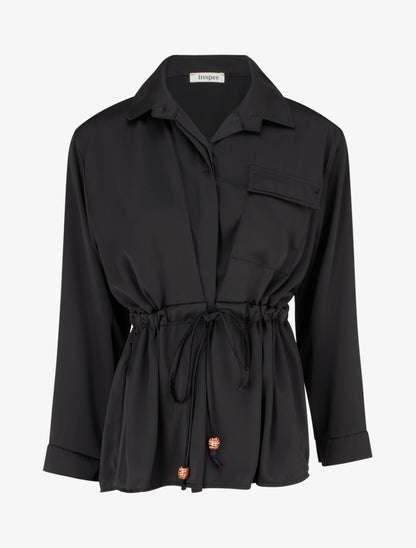 Chemise satinée ample à liens - Noir - 1
