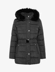 Doudoune ceinturée à capuche en fourrure synthétique - Noir - 1
