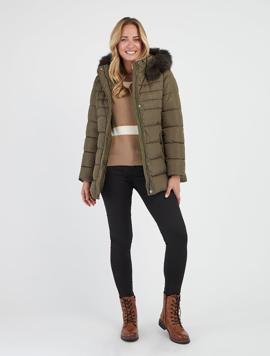 Doudoune ceinturée à capuche en fourrure synthétique - Kaki - 8