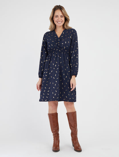 Uitlopende jurk met gouden verenprint - Marine