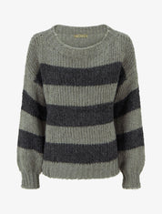 Pull rayé à col rond - Kaki - 1