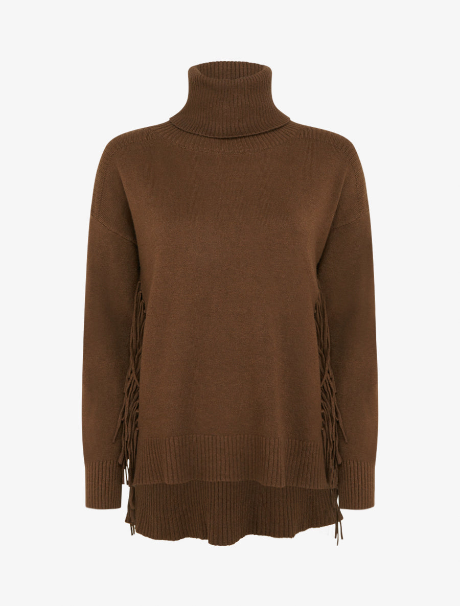 Pull uni à col roulé et franges - Marron - 1