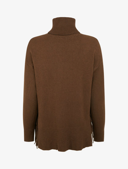 Pull uni à col roulé et franges - Marron - 2