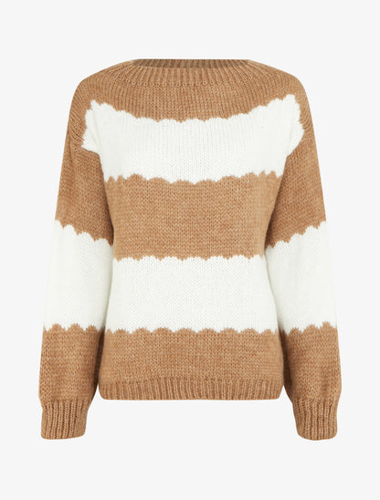 Pull en maille à rayures bicolore - Camel - 1
