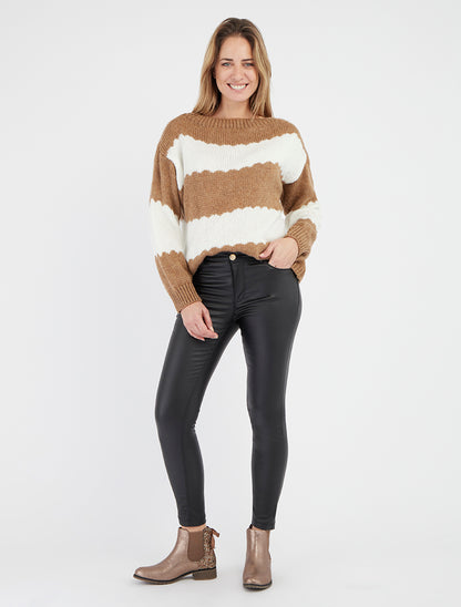 Gebreide trui met tweekleurige strepen - Kameel