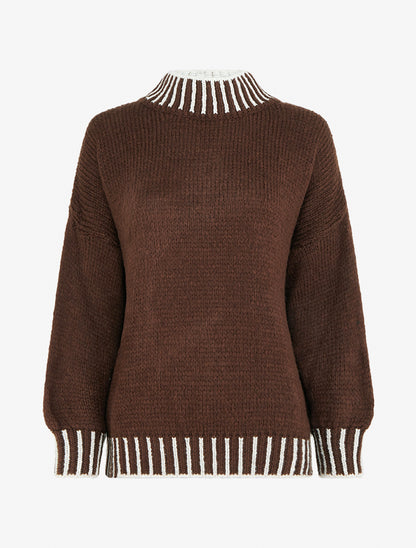 Pull en maille à col montant - Marron - 1