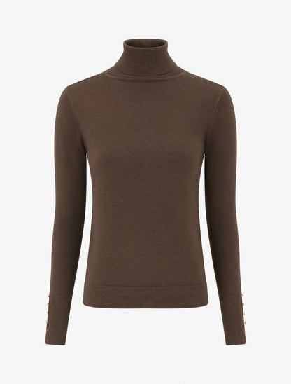Pull fin à col roulé et boutons décoratifs - Marron - 1
