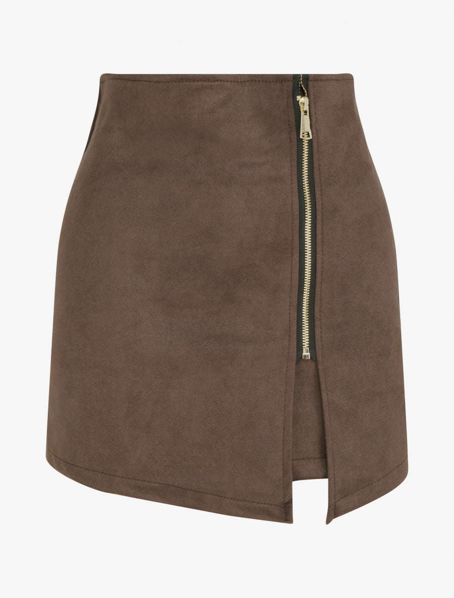 Jupe short zippée en suédine - Marron - 1