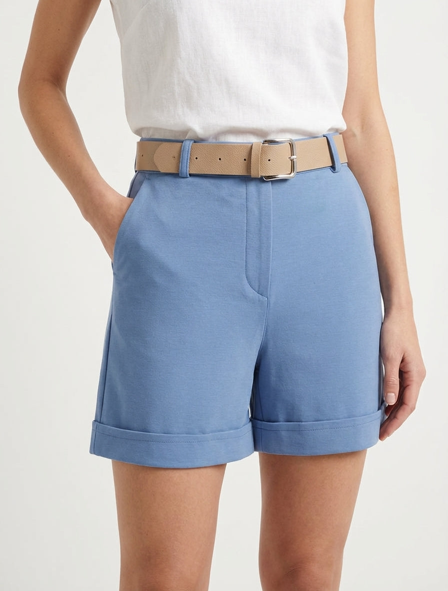Geknoopte korte broek met omslagboord - Blauw