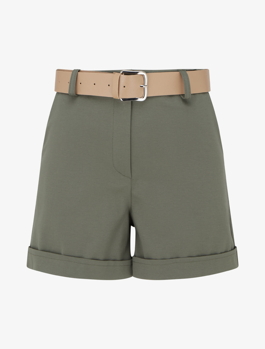 Short ceinturé à revers - Kaki - 1