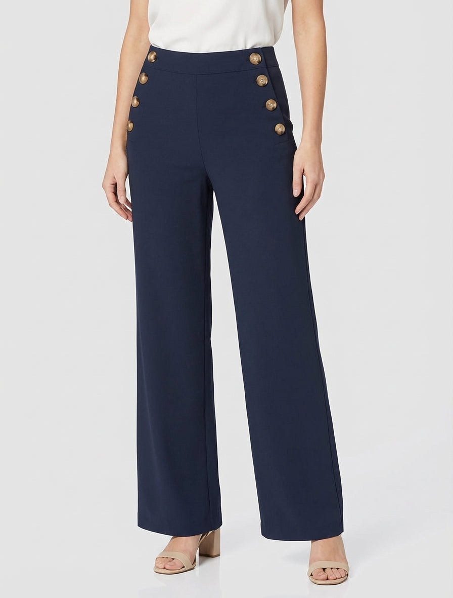 Rechte broek met knoopsluiting aan de zijkanten - Marine