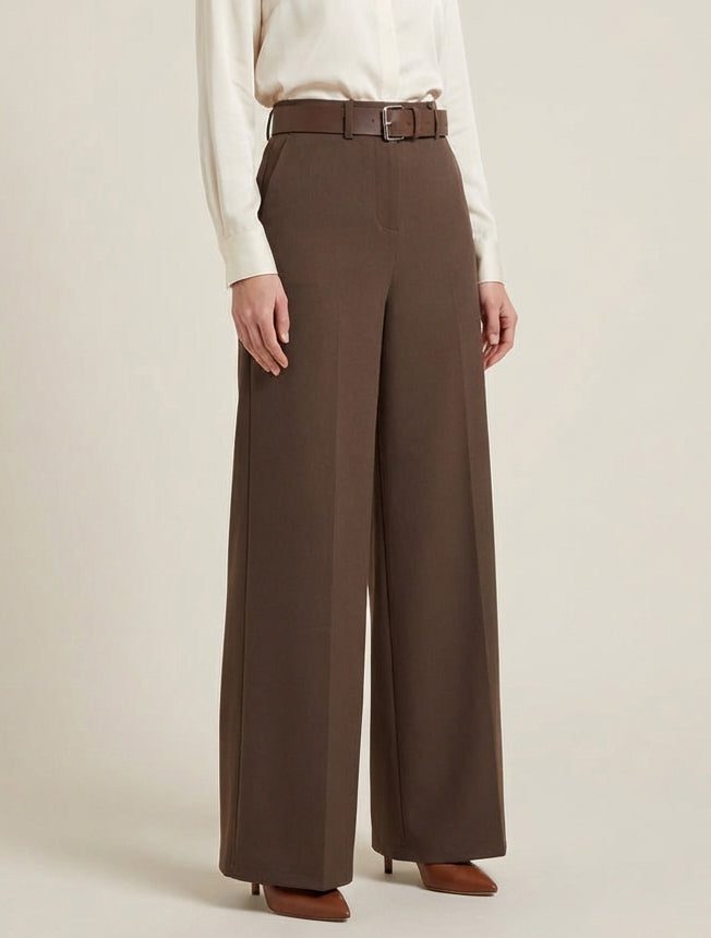 Rechte effen broek met hoge taille - Bruin