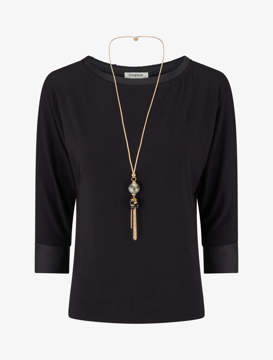 Top uni à empiècement en satin - Noir - 1