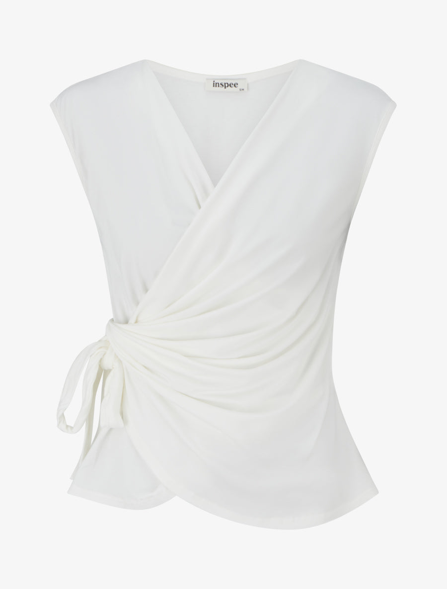 Top uni sans manches à col cache coeur - Blanc - 1