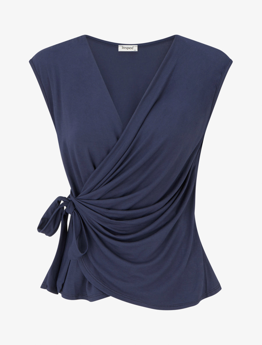 Top uni sans manches à col cache coeur - Marine - 1