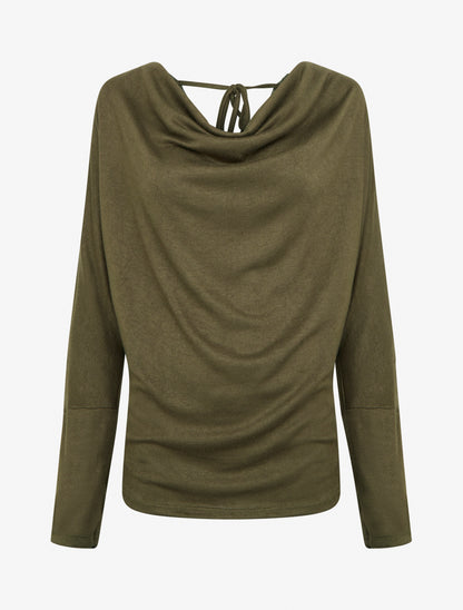 Pull fin uni à empiècement dentelle au dos - Kaki - 1