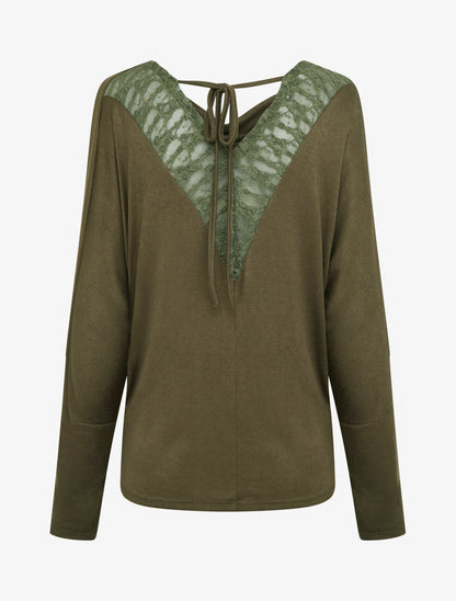 Pull fin uni à empiècement dentelle au dos - Kaki - 2