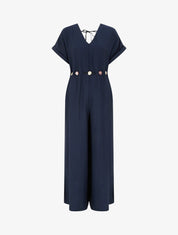 Combinaison ample à manches courtes et ceinture perlée - Marine - 1