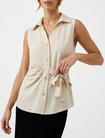 Mouwloze blouse met drapeereffect - Beige