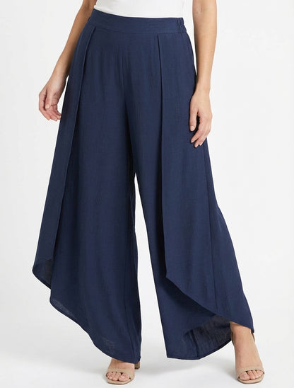 Wijde broek met asymmetrische randen - Marine