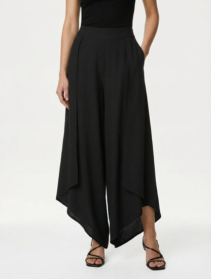 Wijde broek met asymmetrische randen - Zwart