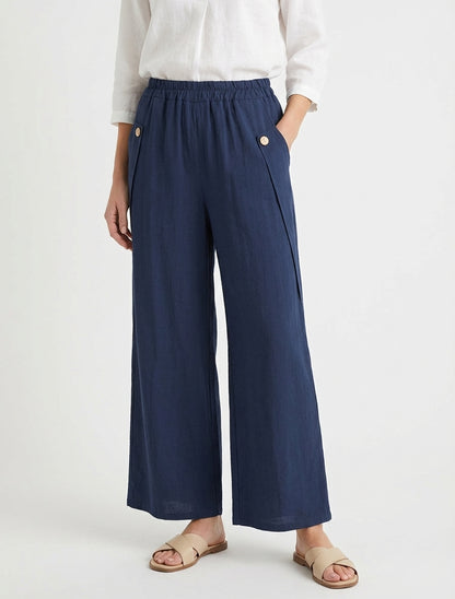 Effen wijde broek met decoratieve knopen - Marine