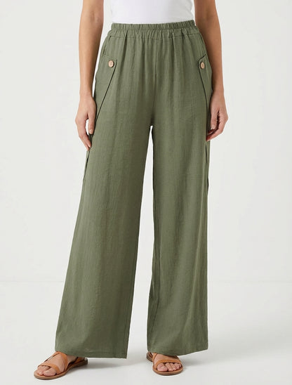 Effen wijde broek met decoratieve knopen - Kaki