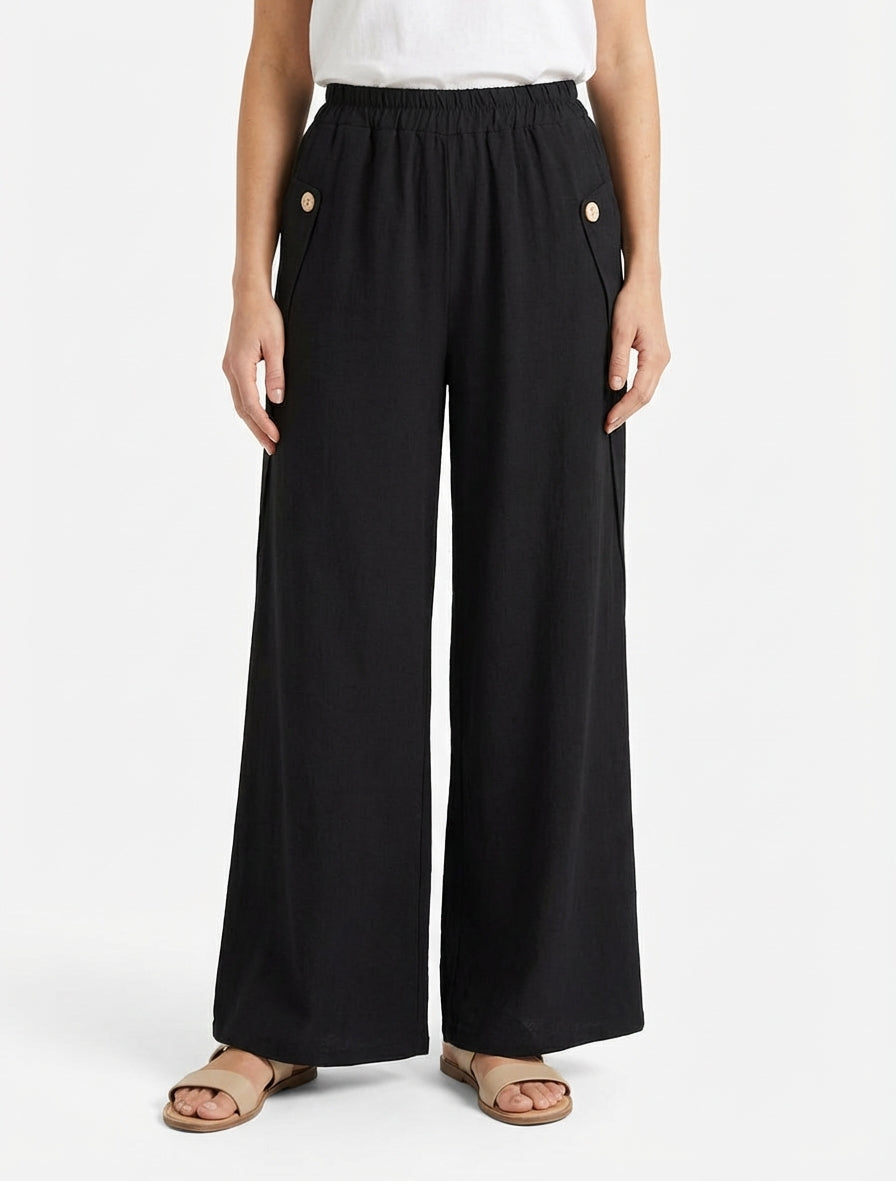 Effen wijde broek met decoratieve knopen - Zwart