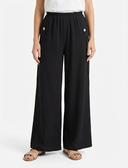 Effen wijde broek met decoratieve knopen - Zwart