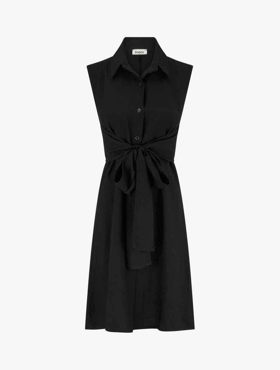 Robe chemise sans manches à liens à nouer - Noir - 1