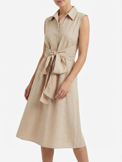 Mouwloze overhemdjurk met strikbanden - Beige