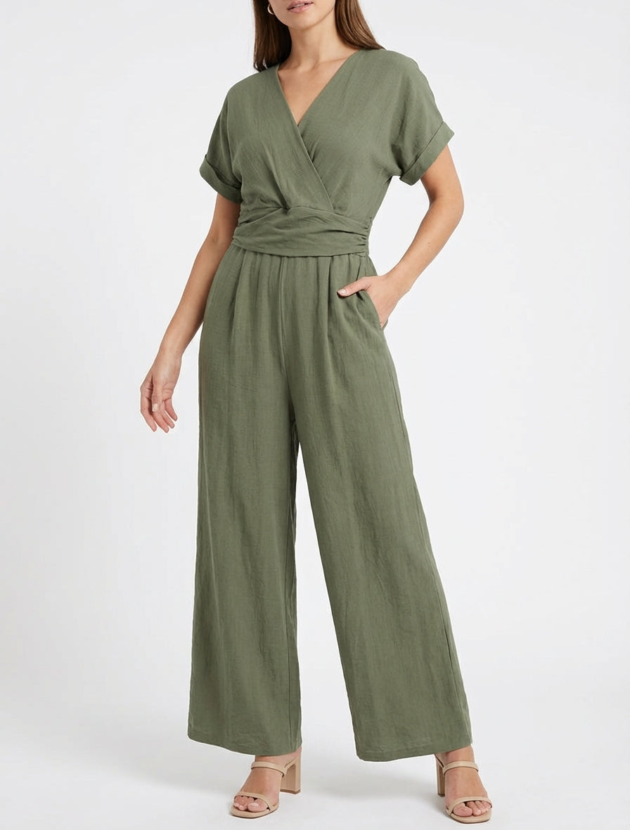 Effen jumpsuit met korte mouwen - Kaki