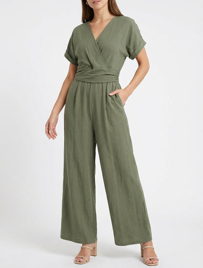 Effen jumpsuit met korte mouwen - Kaki