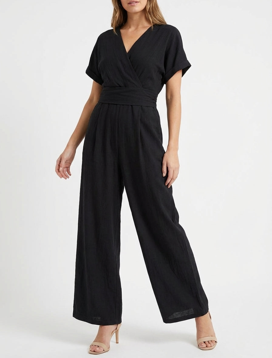 Effen jumpsuit met korte mouwen - Zwart