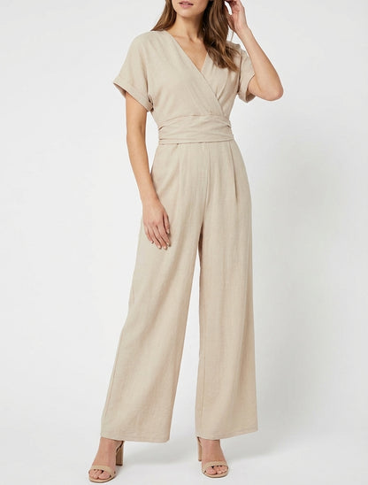Effen jumpsuit met korte mouwen - Beige