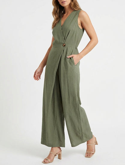 Effen jumpsuit met overslagkraag - Kaki