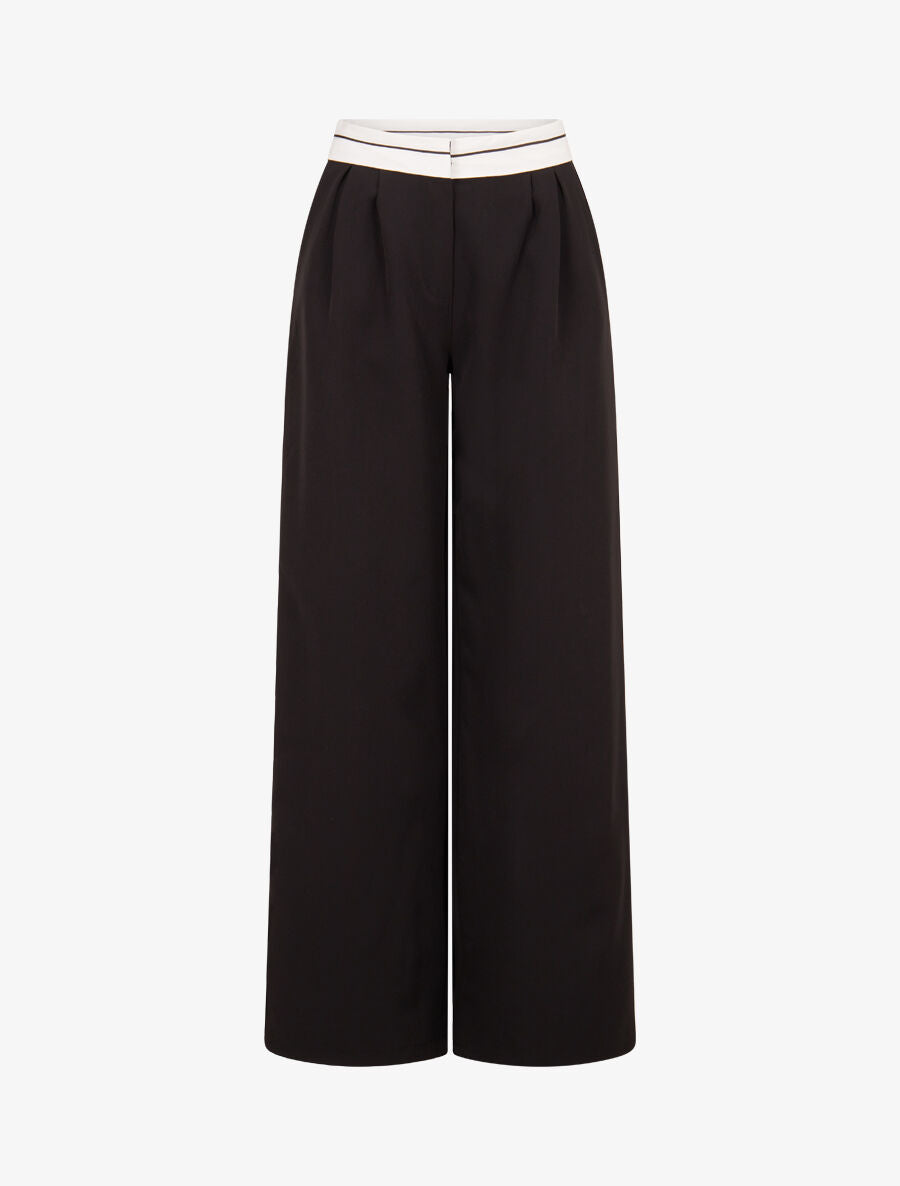 Pantalon wide leg à taille contrastante - Noir - 1