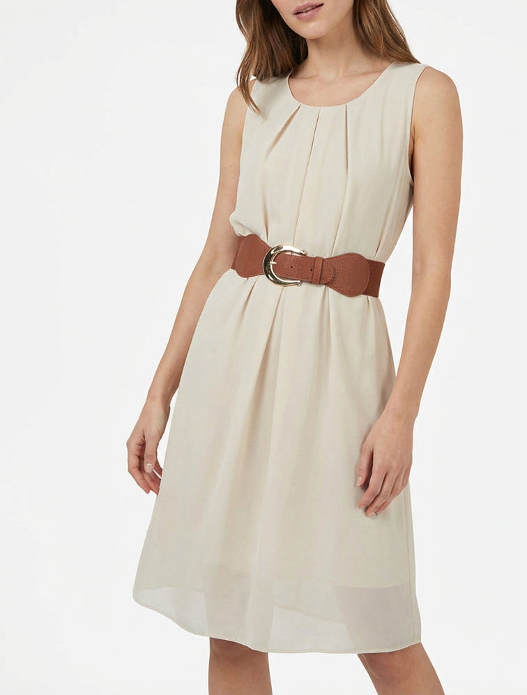 Mouwloze effen jurk van voile - Beige