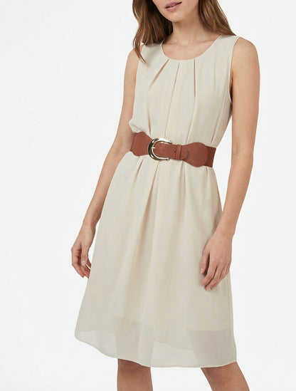 Mouwloze effen jurk van voile - Beige