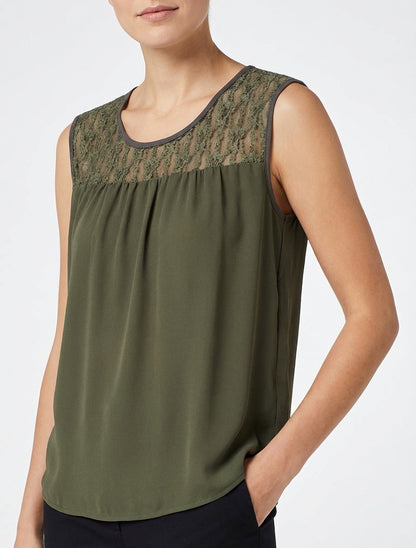 Mouwloze kanten top met bolletjes. - Kaki