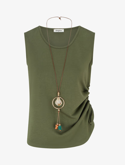 Top froncé sans manches à col rond - Kaki - 1