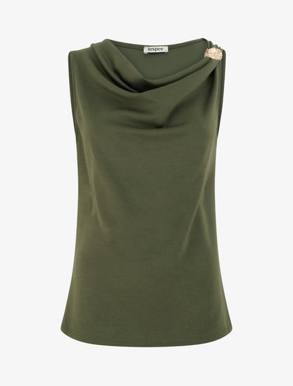 Top sans manches à col bénitier et bijou - Kaki - 1