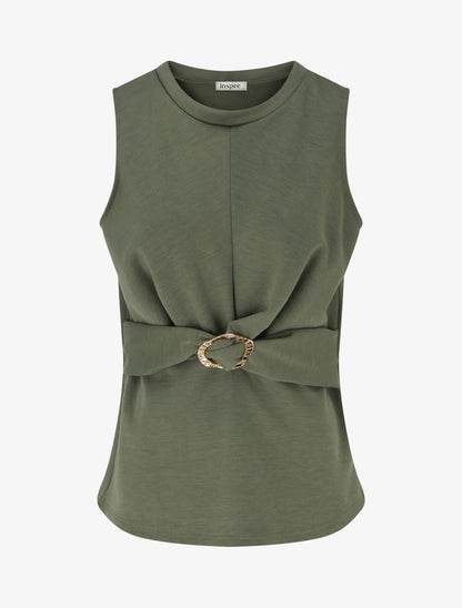 Top uni sans manches à empiècement bijou - Kaki - 1