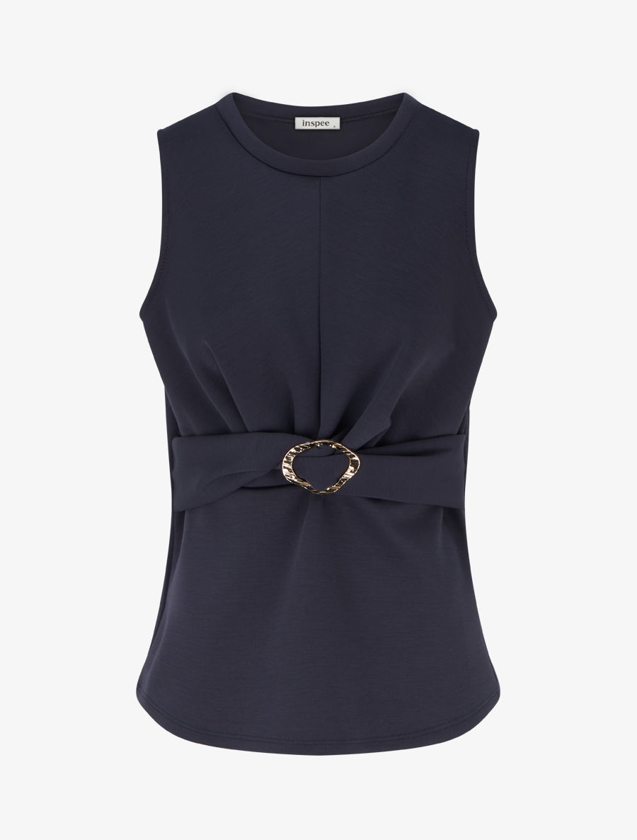Top uni sans manches à empiècement bijou - Marine - 1