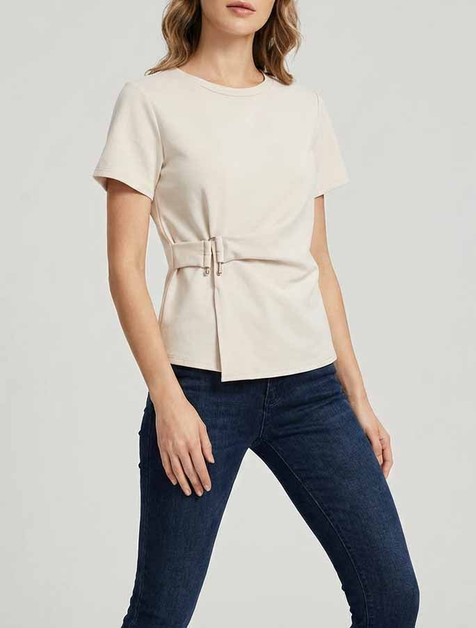 Top met korte mouwen en gesp - Beige
