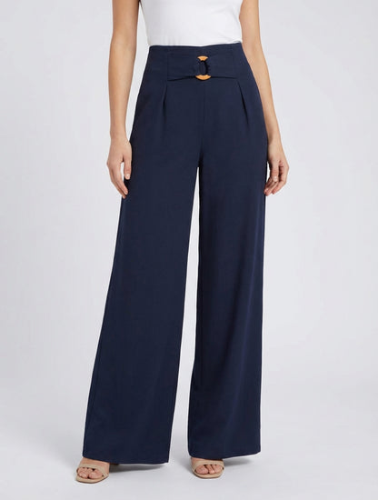 Wijde broek met hoge taille en fantasiegesp. - Marine