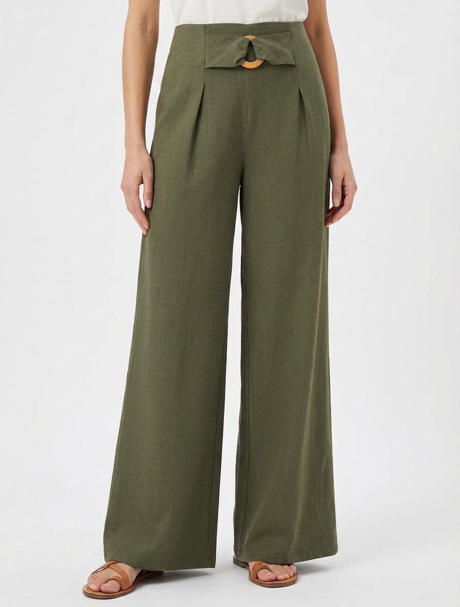 Wijde broek met hoge taille en fantasiegesp. - Kaki